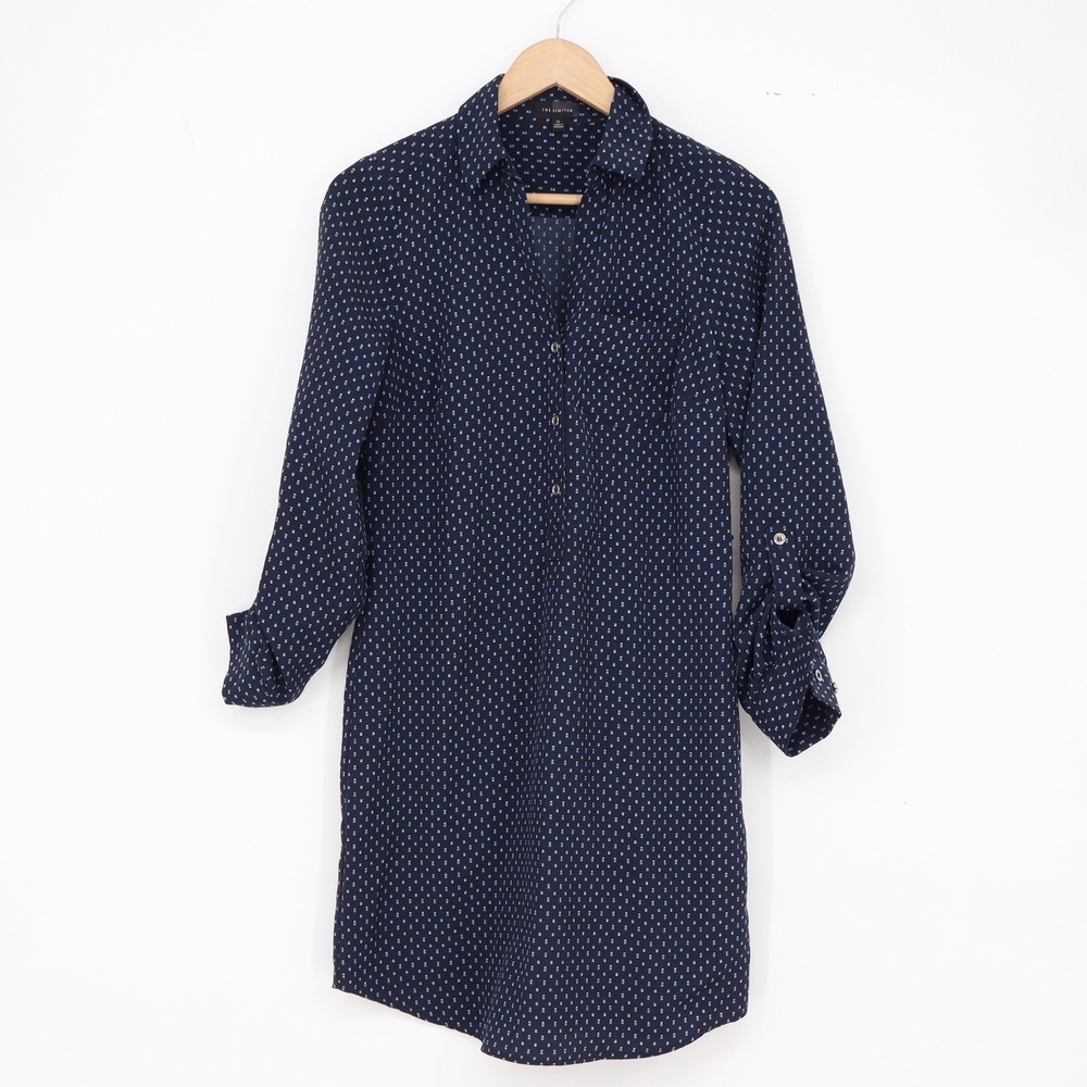 The Limited Shirt Dress Womens XS Navy Blue Geometric Print Roll Tab Excellent